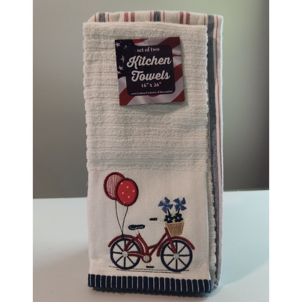 Patriotic Kitchen Towels Set Of Two 100% Cotton Embroidered Bicycle And Balloons